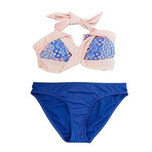 Cabana‎ Life Jag Womens Bikini Set XL Navy Blue Coral Wrap Bandeau Halter Beachy